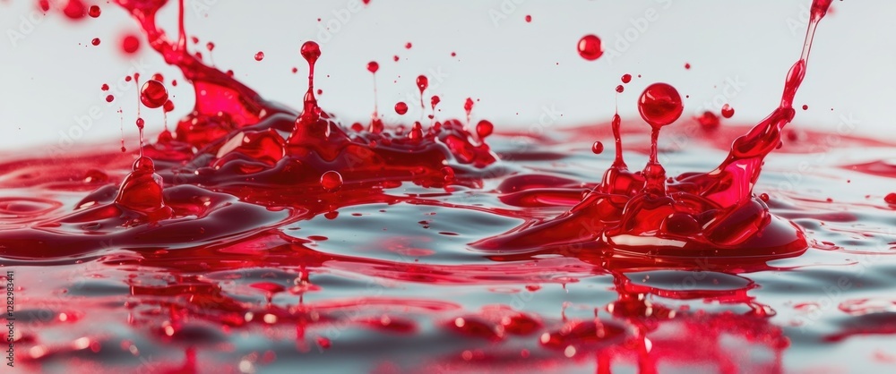 Poster high-resolution close-up of red liquid splashes and droplets on a reflective surface with blurred ba