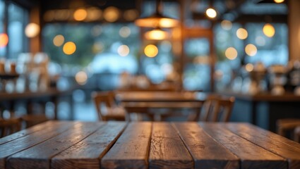 Blurred coffee shop interior with wooden tables and warm, ambient lighting creating a cozy atmosphere.