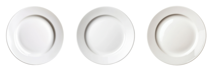 Set of three empty white plates on a Transparent Background