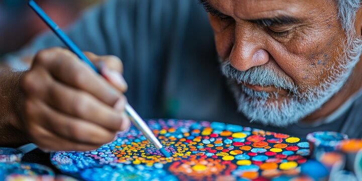 Aboriginal australian artist carefully painting colorful dots on canvas