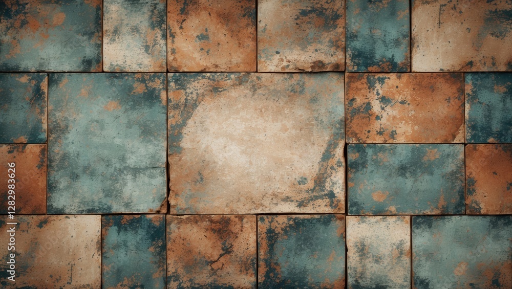 Poster rusty textured wall with irregularly shaped blue and brown tiles arranged in a grid pattern suitable