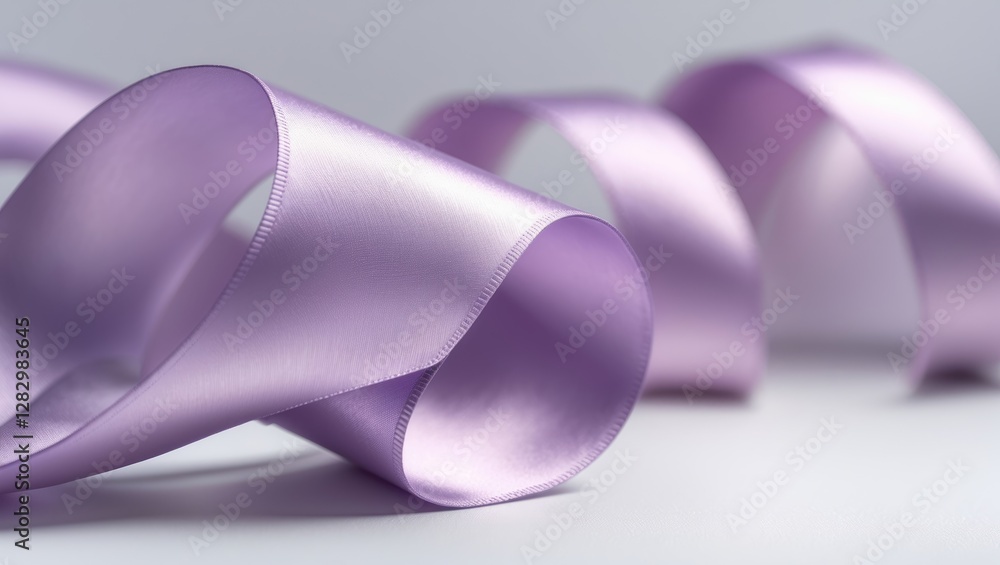 Poster Purple satin ribbon elegantly twisted on a surface with soft focus background in a minimalist setting
