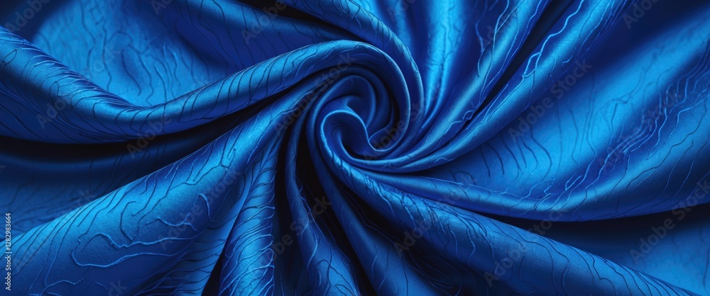 Poster blue textile fabric close-up with intricate patterns and textures in a swirling arrangement.