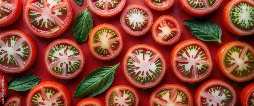 Poster sliced tomatoes arranged in a flat lay with fresh basil leaves on a red background showcasing vibran