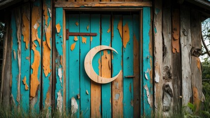 Wooden door with crescent moon emblem on weathered turquoise and brown cabin with peeling paint and rustic texture.