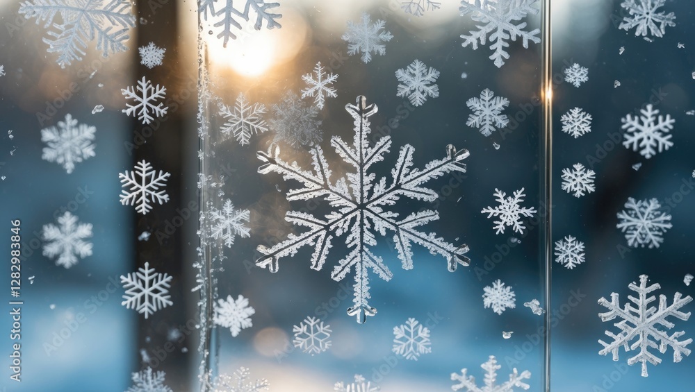 Poster frosted glass with delicate snowflake patterns illuminated by soft winter sunlight
