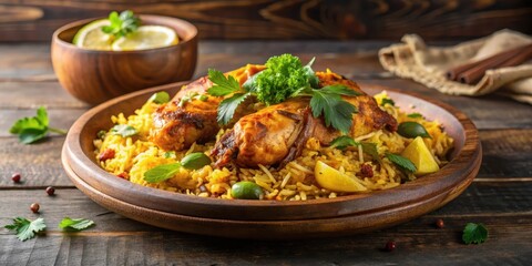 Steaming hot Indian chicken biryani with flavorful rice on a wooden plate