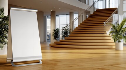 Modern office interior with wooden spiral staircase and blank flipchart Mockup