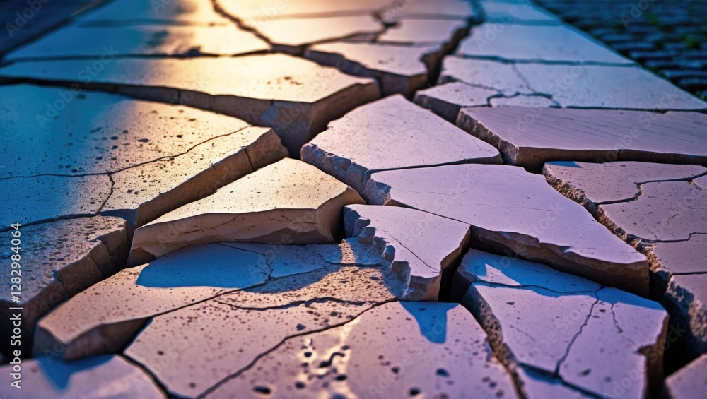Poster cracked concrete surface with broken pieces displaying uneven textures and patterns under warm sunli