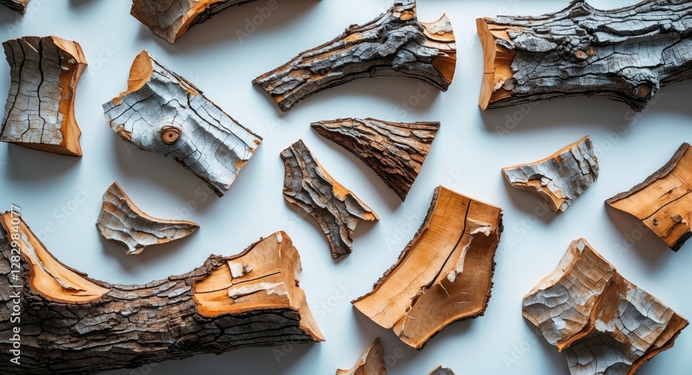 Poster assorted pieces of natural firewood logs arranged on a surface showing textures and patterns of bark