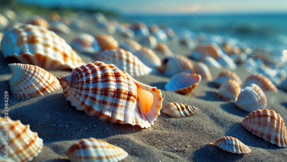 Poster close-up view of various seashells on sandy beach under soft natural lighting with ocean in backgrou