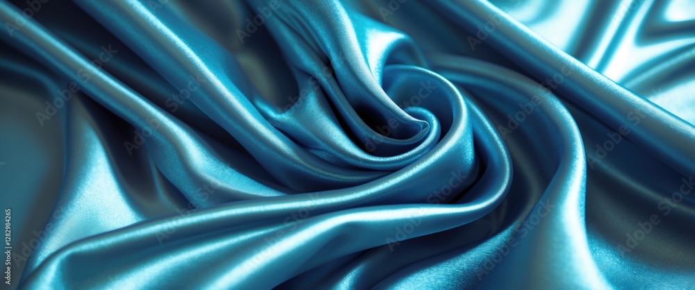 Poster blue satin fabric background with smooth texture and elegant folds in a swirling pattern for textile