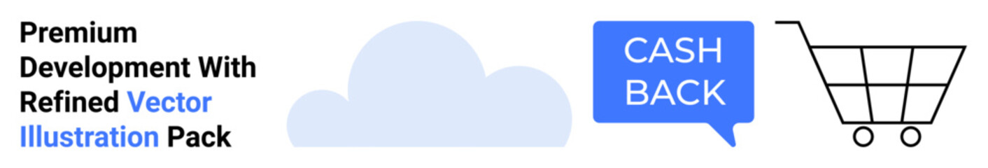 Cloud icon, cashback speech bubble, and shopping cart highlight e-commerce, cloud computing, and rewards. Ideal for technology, sales, finance, marketing e-commerce advertising flat landing page
