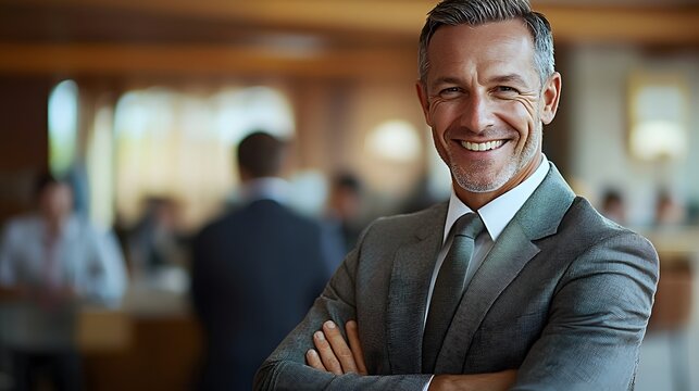 Cheerful and confident business executive posing with arms folded and a warm smile in a blurred corporate office environment surrounded by colleagues and team members