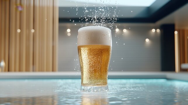 A frothy glass of golden beer sits on a surface, with bubbles rising and water splashing around it, creating a refreshing ambiance. - Powered by Adobe