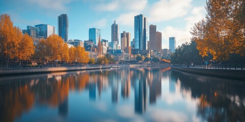 Obraz premium Melbourne skyline reflecting in yarra river during autumn