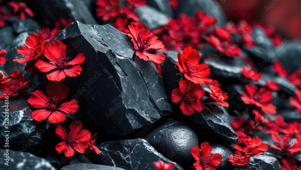 Poster red flowers on dark rocks creating a natural contrast in a botanical composition focused on texture 