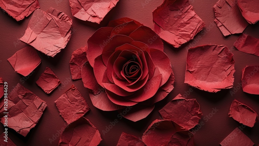 Poster red paper rose flower surrounded by crumpled red paper pieces on a flat surface creating a textured 