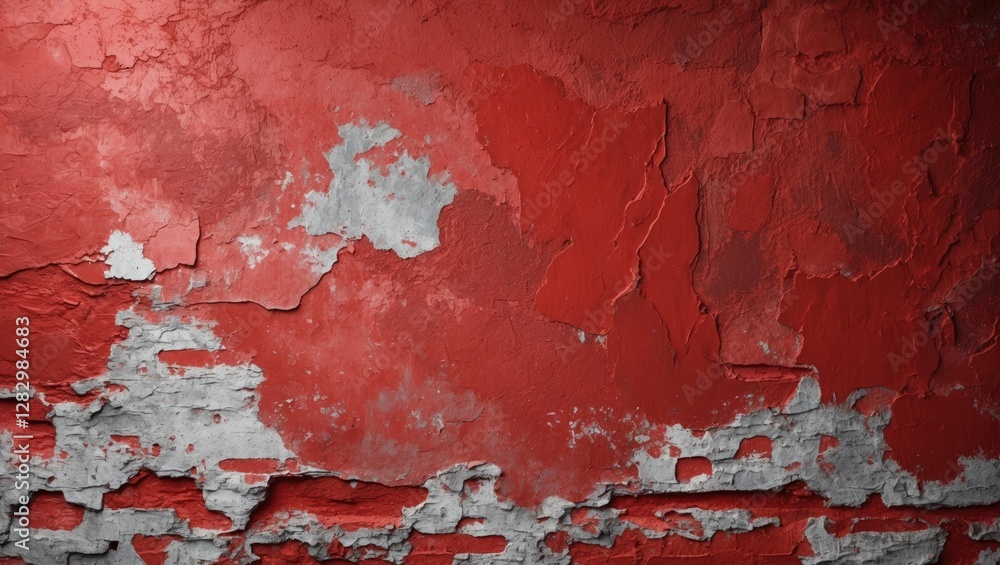 Poster textured background of weathered red paint with peeling layers revealing a gray surface underneath, 