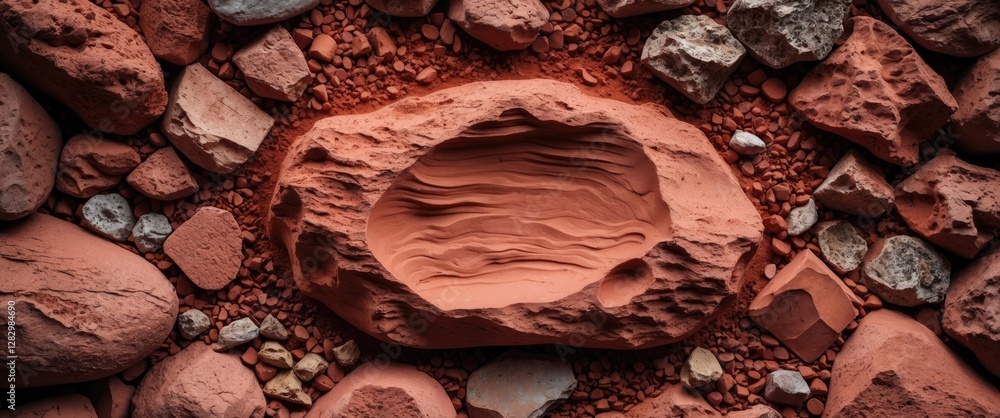 Poster red sandstone rock with smooth surface patterns surrounded by various smaller stones on the ground.