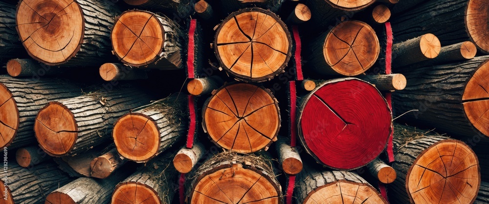 Aufkleber stacked wooden logs with tree rings and one red circular object in center