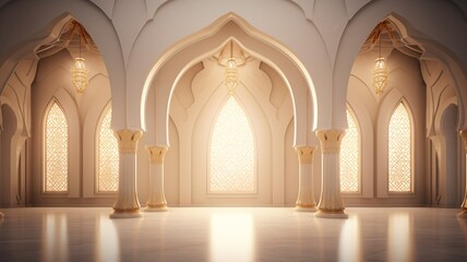 Fototapeta premium A serene mosque bathed in warm sunlight, its intricate arches and golden columns creating a tranquil and peaceful atmosphere.