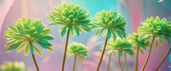 Green succulent plants with vibrant leaves growing in a colorful and soft glowing environment. Ideal for nature and gardening themes.