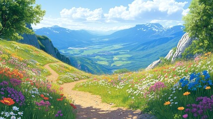 Vibrant field with flowers under clear blue sky.