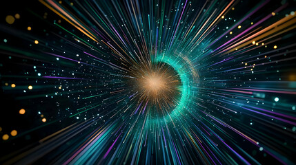 Naklejka premium Abstract Digital Tunnel with Vibrant Light Trails and Particle Effects in a Futuristic Visualization
