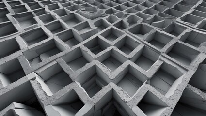 Abstract geometric pattern of waffle-like texture with varying depth in shades of gray emphasizing 3D dimensionality and shadows.