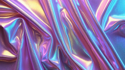 iridescent metallic fabric texture with folds in shades of pink and blue light reflections
