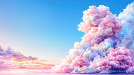 Fototapeta premium Pastel cloudscape, pink trees, sunset, fantasy landscape, ideal for website backgrounds