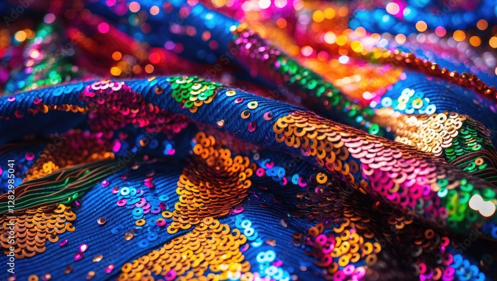 Poster colorful sequined fabric with vibrant reflections and texture in close-up view. high detail of spark