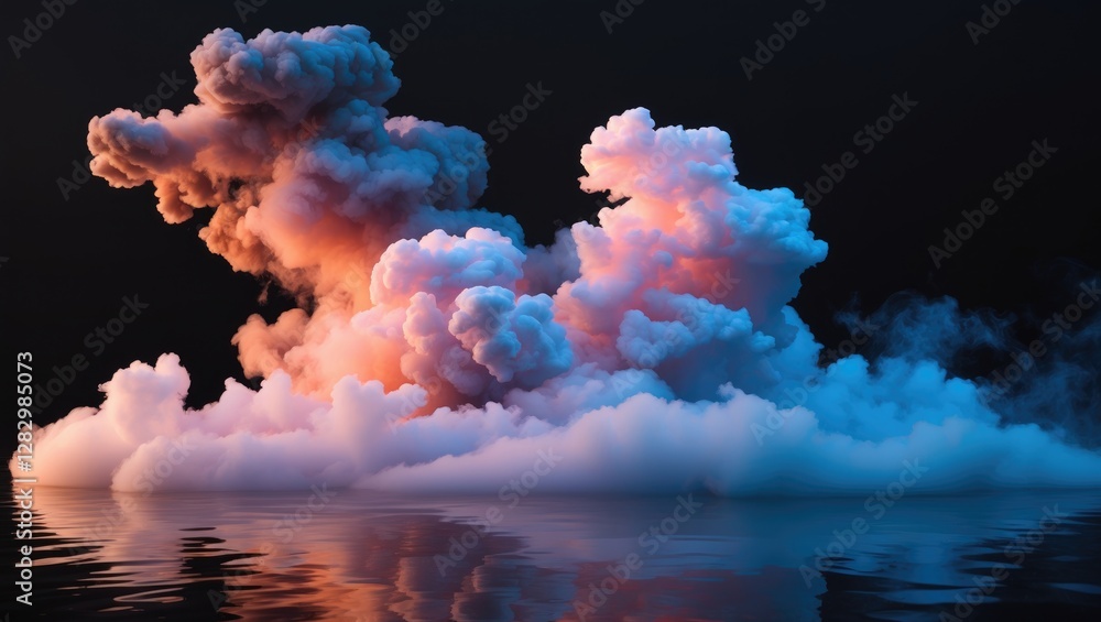 Aufkleber colorful smoke clouds reflecting in water with dark background and illuminated edges, creating a dra