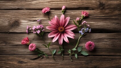 Fototapeta premium Pink flowers arranged artfully on rustic wooden background showcasing variety of floral types and colors in natural setting