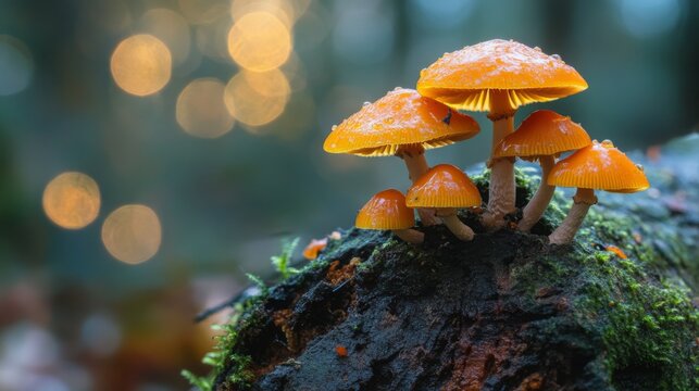 Vibrant orange mushrooms growing on a mossy log. The enchanting forest backdrop adds a magical quality to this image. Perfect for nature lovers and enthusiasts. Generative AI