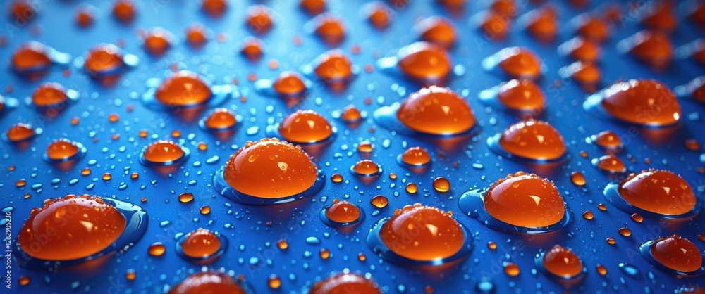 Poster close-up view of orange water droplets on a blue surface with reflections and highlights in a macro 