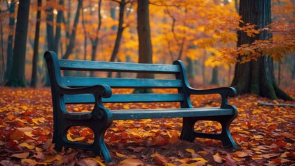Wooden park bench surrounded by vibrant autumn foliage in a tranquil forest setting during fall season