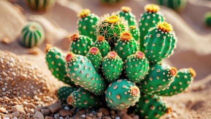 Obraz premium Colorful spotted cactus arrangement on sandy background for floral design and succulent landscaping projects in vibrant natural setting.