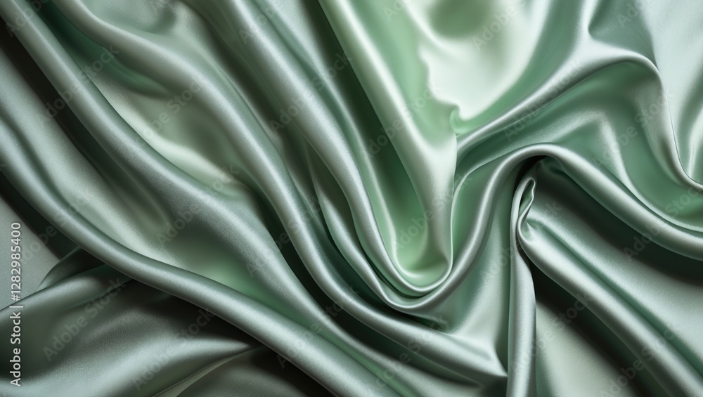 Poster green satin fabric texture with soft draping and smooth surface reflecting light in folds and crease