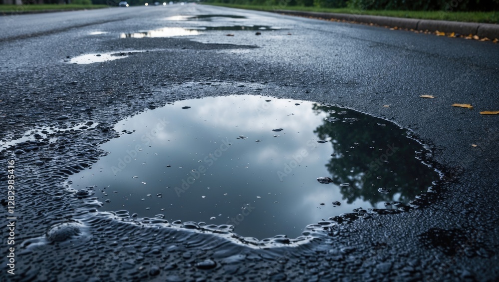 Aufkleber reflection of clouds in a rain puddle on asphalt roadway capturing the tranquility after a rainstorm
