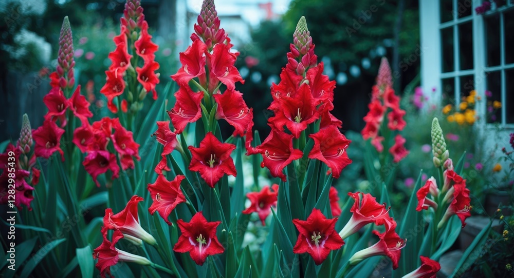 Poster red gladiolus flowers in bloom in a garden setting with blurred greenery and additional colorful flo