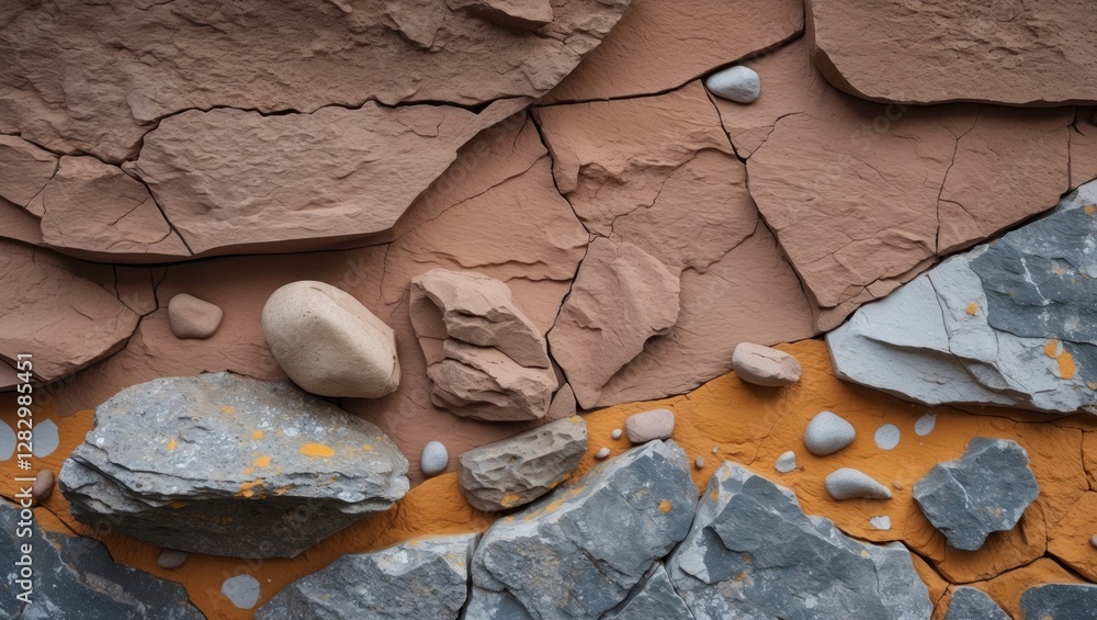 Poster colorful geological rock formations with various textures and stones arranged in an abstract pattern