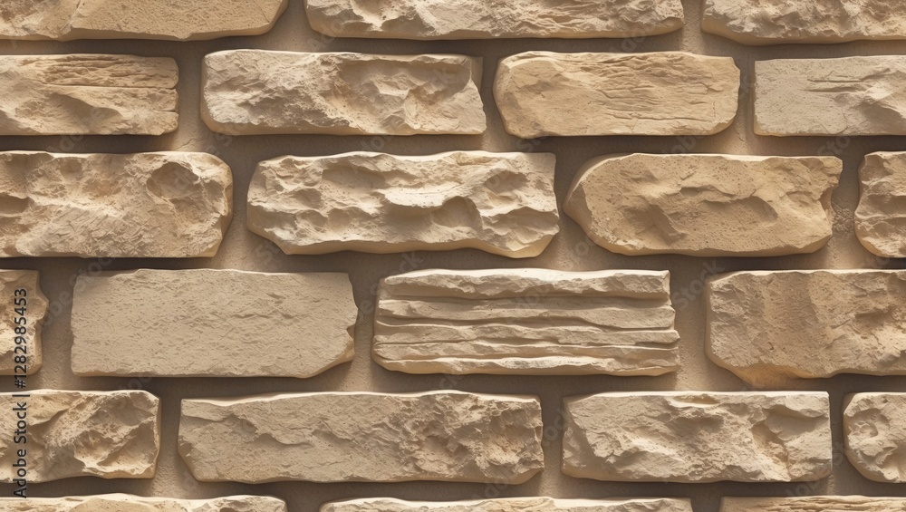 Poster textured beige stone wall in horizontal arrangement with uneven surfaces and various block shapes.
