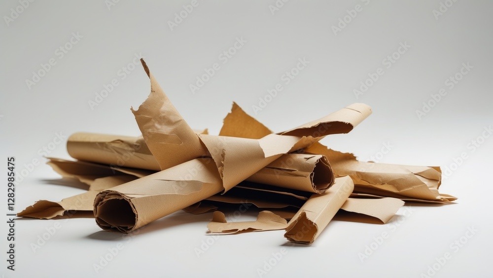 Poster crumpled brown paper rolls scattered on a white surface creating a messy composition of recycled mat