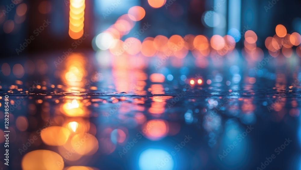 Poster vibrant abstract bokeh lights reflecting on a wet surface creating a colorful and dreamy urban atmos