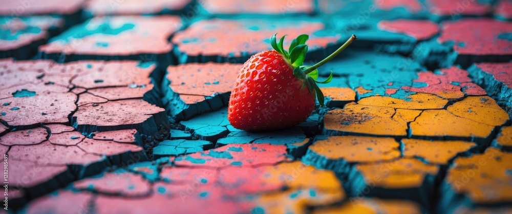 Poster vibrant cracked surface with bright colors and a fresh strawberry at the center creating a striking 