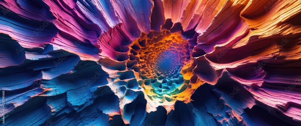 Poster vibrant abstract spiral design featuring colorful layers reminiscent of wood texture and depth, idea