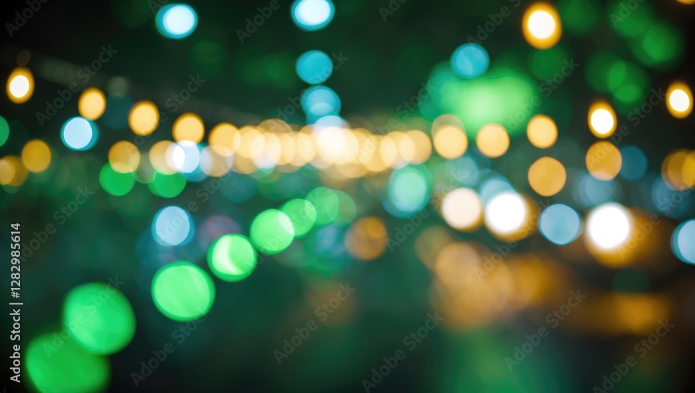 Poster blurry background of festive lights in various colors creating a bokeh effect with green yellow and 