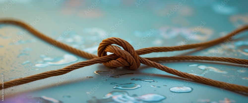 Poster brown string knot on a blue surface with droplets creating a textured backdrop for creative composit